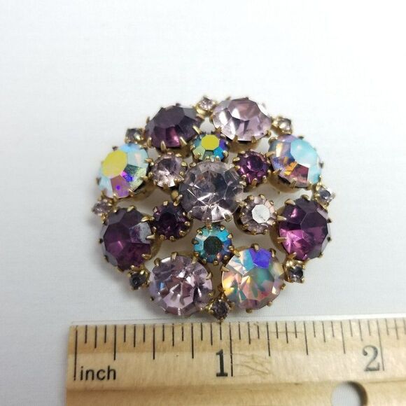 Vintage Karu Arke Inc Purple AB Rhinestone Cluster Brooch Pin Prong Set, Estate - Picture 5 of 7